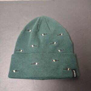 Prana Knit Hat Beanie Acrylic Emerald Embroidered Fish AOP Cuffed